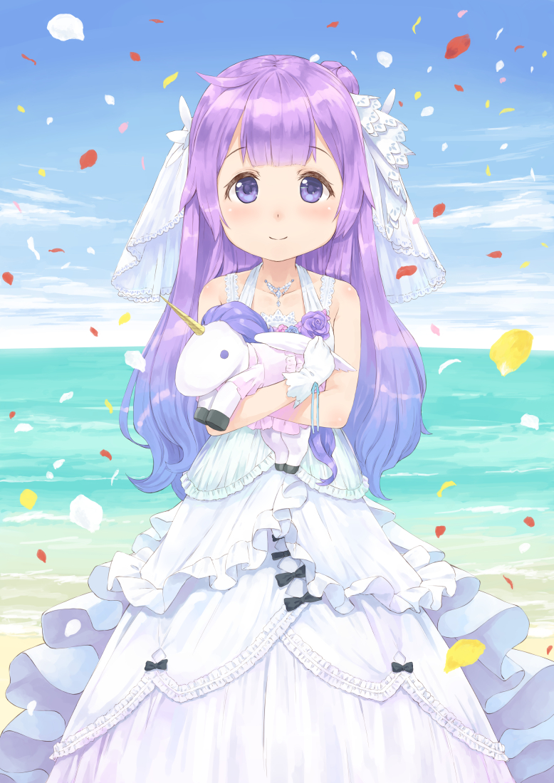1girl ahoge azur_lane bangs bare_shoulders black_bow blue_sky blush bow closed_mouth clouds collarbone commentary_request day dress eichisu eyebrows_visible_through_hair gloves hair_bun long_hair object_hug one_side_up outdoors petals purple_hair side_bun sky sleeveless sleeveless_dress smile solo stuffed_animal stuffed_pegasus stuffed_toy stuffed_unicorn unicorn_(azur_lane) veil very_long_hair violet_eyes white_dress white_gloves