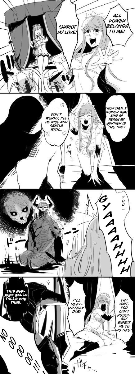 1boy 1girl 4koma armor artist_request bangs blunt_bangs chariot comic elbow_gloves english fate/grand_order fate_(series) gloves greyscale heart horns king_hassan_(fate/grand_order) long_hair medb_(fate/grand_order) monochrome open_mouth outstretched_arms scared seiza shoulder_armor sidelocks sitting skirt skull skull_mask speech_bubble spikes sweatdrop tiara