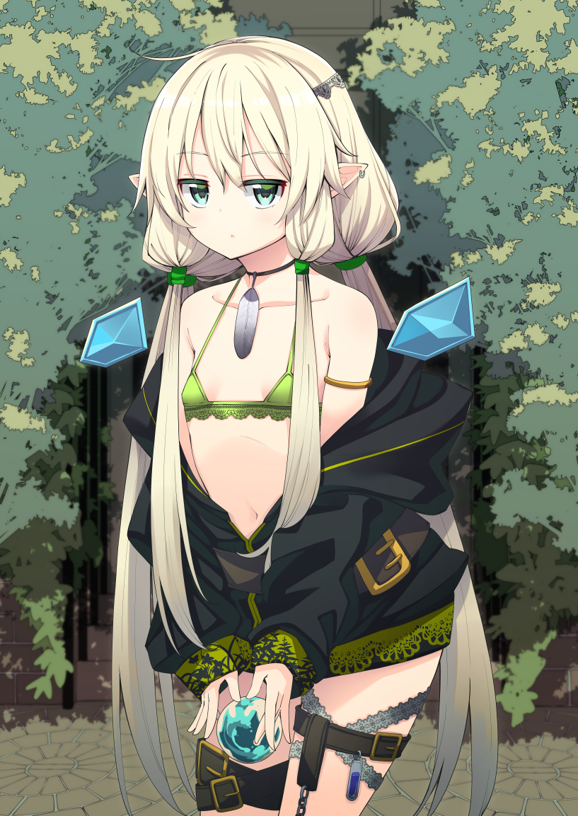 1girl akino_sora bangs bare_shoulders bikini black_jacket blonde_hair breasts collarbone commentary_request day ear_piercing eyebrows_visible_through_hair green_bikini green_eyes hair_between_eyes hood hood_down hooded_jacket jacket jitome long_hair looking_at_viewer low_twintails navel off_shoulder orb original outdoors parted_lips piercing pointy_ears sidelocks small_breasts solo standing swimsuit twintails very_long_hair