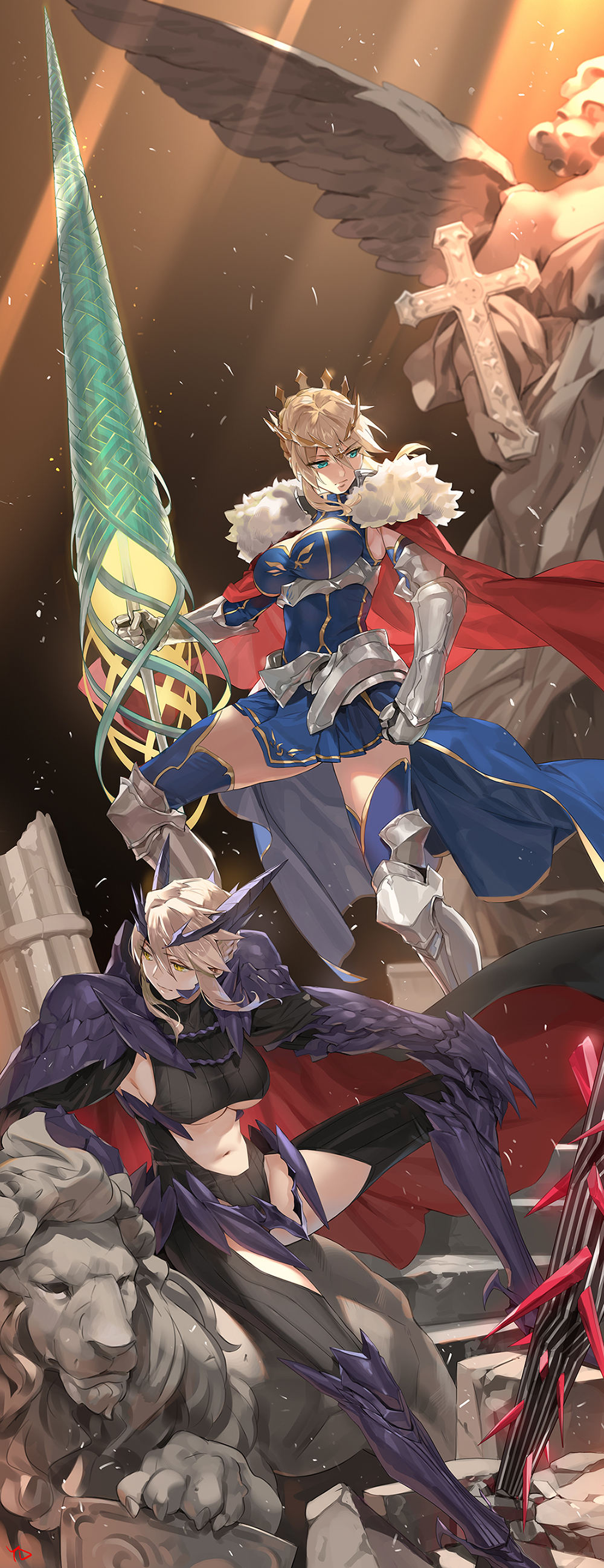 2girls absurdres ahoge armor armored_boots artoria_pendragon_(all) artoria_pendragon_(lancer) artoria_pendragon_(lancer_alter) bangs black_legwear blonde_hair blue_legwear boots braid breasts cape center_opening commentary_request crown dark_persona dark_rhongomyniad eyebrows_visible_through_hair fate/grand_order fate_(series) faulds french_braid full_body fur-trimmed_cape fur_trim gauntlets greaves green_eyes hair_between_eyes highres holding holding_weapon horns lance large_breasts lips long_hair looking_to_the_side miniskirt multiple_girls pauldrons polearm red_cape serious sidelocks sitting skirt standing statue swept_bangs thigh-highs thighs under_boob weapon yang-do yellow_eyes
