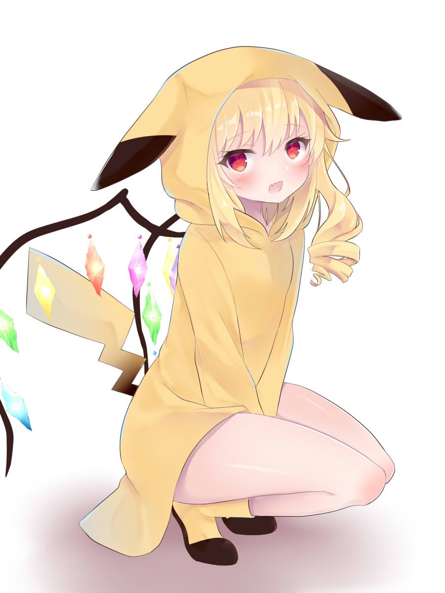 1girl bare_legs blonde_hair boots cosplay creatures_(company) flandre_scarlet game_freak gen_1_pokemon highres hood hood_up looking_at_viewer nintendo open_mouth pikachu pikachu_(cosplay) pokemon red_eyes squatting tail tosakaoil wings yellow_footwear