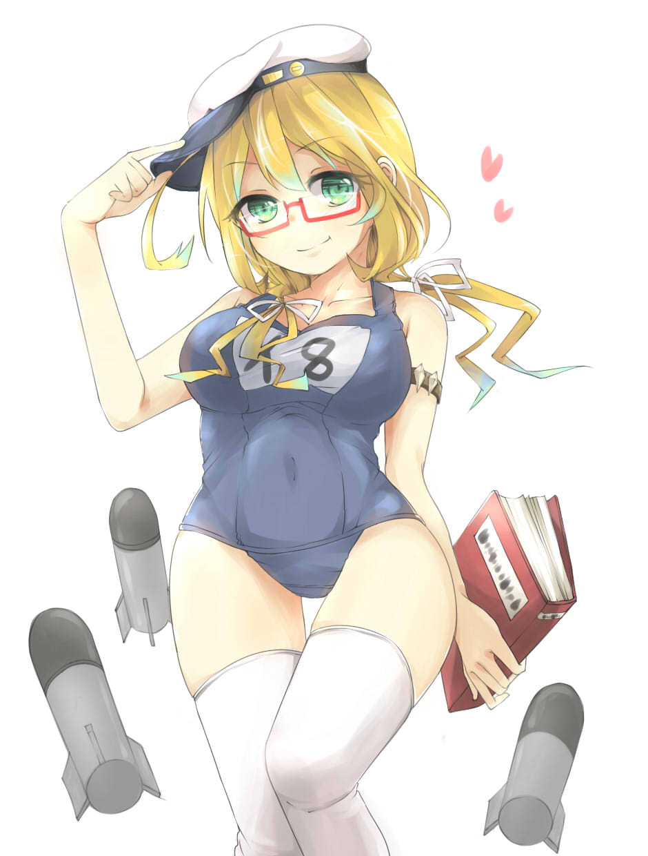 1girl adjusting_headwear armlet blonde_hair book breasts collarbone eyebrows_visible_through_hair green_eyes hat heart highres holding holding_book i-8_(kantai_collection) kantai_collection looking_at_viewer low_twintails medium_breasts name_tag one-piece_swimsuit peaked_cap red-framed_eyewear sailor_hat school_swimsuit semi-rimless_eyewear solo swimsuit thigh-highs tomo_futoshi torpedo twintails under-rim_eyewear white_background white_legwear