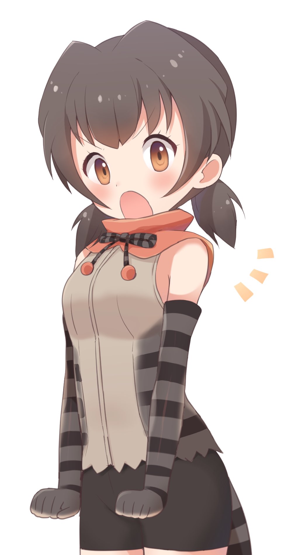 1girl bare_shoulders bike_shorts blush brown_hair buchi_(y0u0ri_) cape commentary_request cowboy_shot elbow_gloves eyebrows_visible_through_hair frilled_lizard_(kemono_friends) gloves highres kemono_friends lizard_tail neck_ribbon open_mouth ribbon short_hair sleeveless solo striped tail twintails