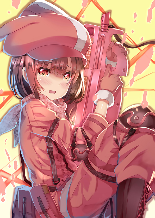 1girl animal_hat arms_up bandanna bangs blush boots brown_footwear brown_hair bullpup bunny_hat cross-laced_footwear eyebrows_visible_through_hair finger_on_trigger fur-trimmed_gloves fur_trim gloves gun hair_between_eyes hat holding holding_gun holding_weapon jacket lace-up_boots llenn_(sao) long_sleeves open_mouth p-chan_(p-90) p90 pants pink_bandana pink_gloves pink_hat pink_jacket pink_pants red_eyes solo submachine_gun sword_art_online sword_art_online_alternative:_gun_gale_online weapon xephonia