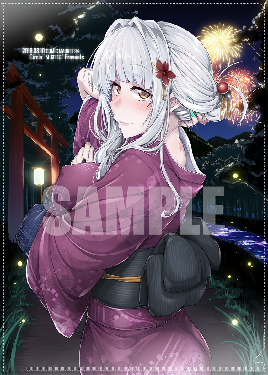 1girl adjusting_hair blush breasts brown_eyes carmilla_(fate/grand_order) comiket commentary_request erect_nipples fate/grand_order fate_(series) fireworks flower forest fue_(rhomphair) hair_bobbles hair_flower hair_ornament japanese_clothes kimono large_breasts long_hair looking_at_viewer looking_back nature night river sample silver_hair smile solo torii yukata