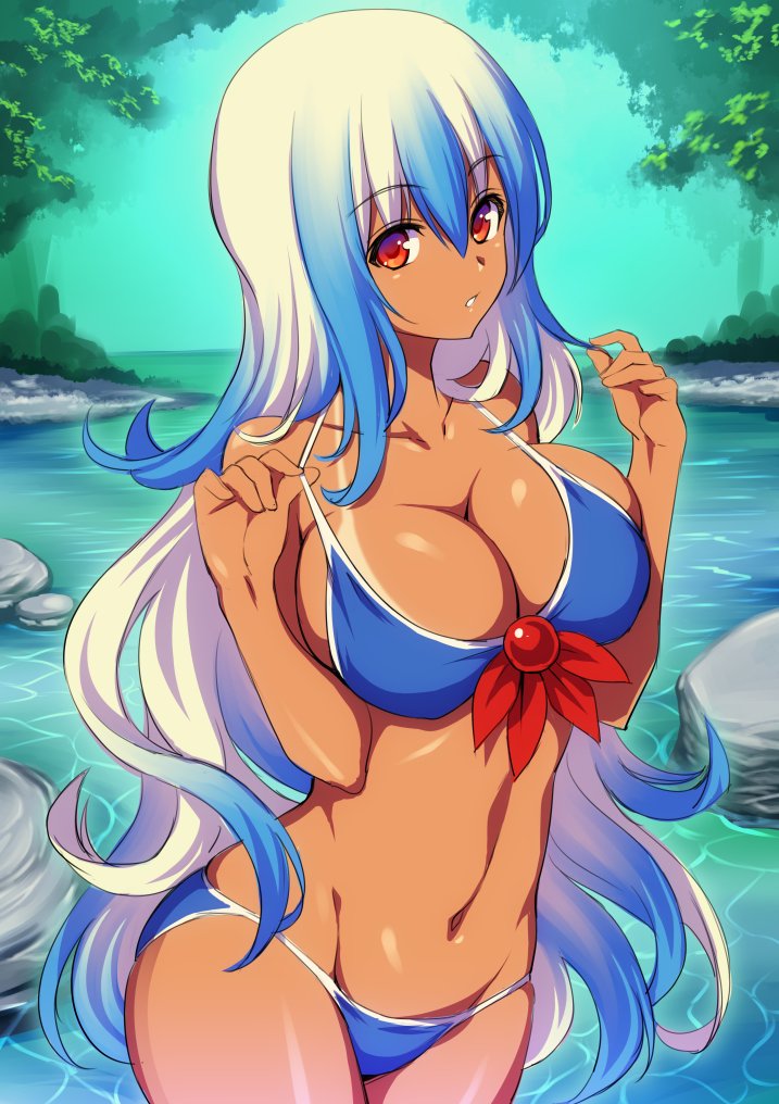 1girl bangs bare_arms bare_shoulders bikini blue_bikini blue_hair breasts cleavage collarbone commentary_request cowboy_shot eyebrows_visible_through_hair gradient_hair groin hair_between_eyes hands_up hijikawa_arashi kamishirasawa_keine large_breasts long_hair looking_at_viewer multicolored_hair navel no_hat no_headwear parted_lips red_eyes rock shiny shiny_skin sidelocks silver_hair solo standing stomach strap_pull streaked_hair swimsuit tan tanline thighs touhou tree very_long_hair water wavy_hair