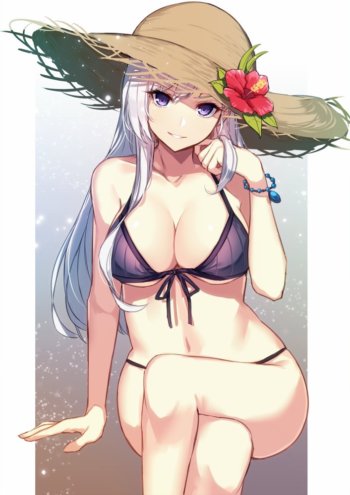 1girl alternate_costume aosaki_yukina arm_support azur_lane bangle bangs belfast_(azur_lane) bikini blue_eyes blush bracelet breasts cleavage collarbone eyebrows_visible_through_hair front-tie_bikini front-tie_top hand_to_own_head hat head_tilt jewelry large_breasts legs_crossed long_hair looking_at_viewer navel parted_lips purple_bikini sidelocks silver_hair sitting smile solo stomach straw_hat sun_hat swimsuit thighs