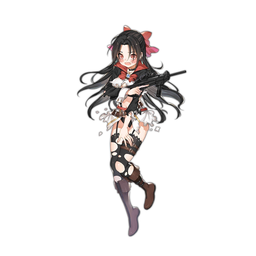 1girl artist_request belt beretta_cx4 beretta_cx4_(girls_frontline) black_hair blush boots choker covering covering_breasts damaged garter_straps garters girls_frontline gun hair_ribbon long_hair official_art open_mouth panties pink_eyes ribbon rifle skirt sleeve_cuffs solo thigh-highs torn_clothes torn_skirt torn_thighhighs underwear utility_belt weapon