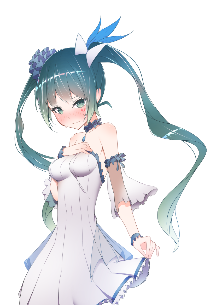 1girl bare_shoulders blush breast_suppress breasts detached_sleeves dress embarrassed eyebrows_visible_through_hair feathers frown giryu green_eyes green_hair hair_ribbon hand_on_own_chest hatsune_miku jewelry long_hair looking_at_viewer medium_breasts necklace off-shoulder_dress off_shoulder ribbon scrunchie see-through skirt skirt_lift solo twintails vocaloid white_background white_dress