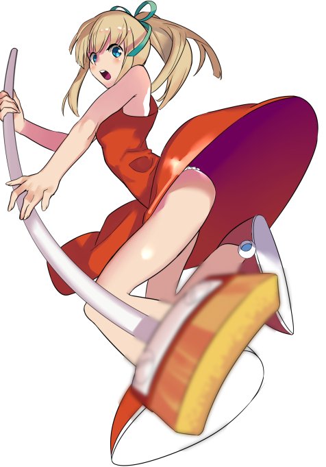 1girl android ass blonde_hair broom capcom commentary_request dress green_ribbon hair_ribbon looking_at_viewer older panties ponytail red_dress red_footwear red_skirt ribbon robot rockman rockman_(classic) roll skirt solo ukimukai underwear