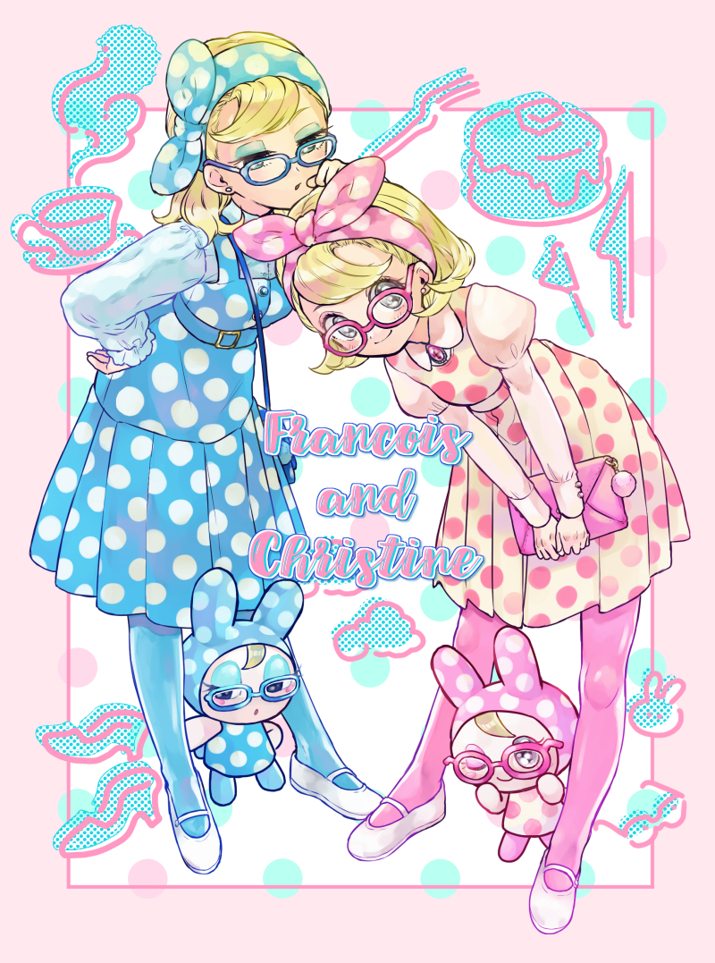 2girls arm_rest bag bandanna bent_over blonde_hair blue-framed_eyewear blue_dress blue_legwear border bukiyama character_name christine_(doubutsu_no_mori) doubutsu_no_mori dress dual_persona ear_piercing eyeshadow francoise_(doubutsu_no_mori) full_body glasses hand_on_another's_head handbag juliet_sleeves long_sleeves makeup mary_janes multiple_girls pantyhose personification piercing pink-framed_eyewear pink_border polka_dot polka_dot_dress puffy_sleeves rabbit shoes short_hair smile white_footwear