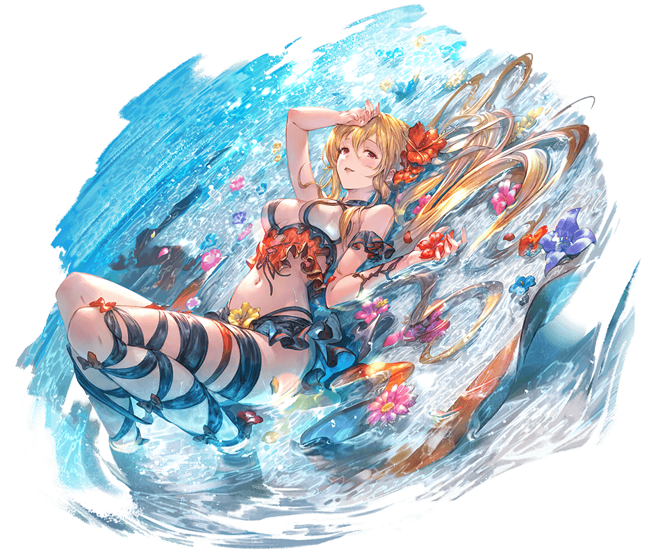 1girl alpha_transparency arm_garter arm_up bangs bikini blonde_hair blue_flower blush breasts cleavage day flower frilled_bikini frills full_body granblue_fantasy hair_between_eyes hair_flower hair_ornament hibiscus large_breasts leg_ribbon long_hair looking_at_viewer lying minaba_hideo navel ocean official_art on_back open_mouth outdoors partially_submerged pink_flower red_eyes red_flower ribbon smile solo stomach swimsuit thigh_ribbon transparent_background very_long_hair vira_lilie water white_bikini