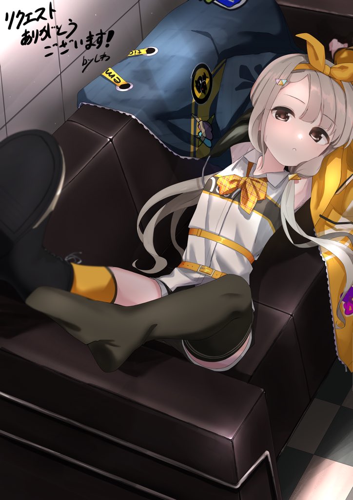 1girl :o armpits bangs black_footwear black_legwear black_shorts blue_jacket boots brown_eyes checkered checkered_floor collared_shirt commentary_request couch cross-laced_footwear eyebrows_visible_through_hair grey_hair hair_over_shoulder hisakawa_nagi idolmaster idolmaster_cinderella_girls idolmaster_cinderella_girls_starlight_stage indoors jacket kneehighs lace-up_boots long_hair looking_at_viewer low_twintails lying mismatched_legwear on_back on_couch open_clothes open_jacket parted_lips shirt shiwa_(siwaa0419) shoe_soles short_shorts shorts single_kneehigh single_thighhigh sleeveless sleeveless_shirt solo thigh-highs tile_wall tiles translation_request twintails very_long_hair white_shirt yellow_jacket yellow_legwear