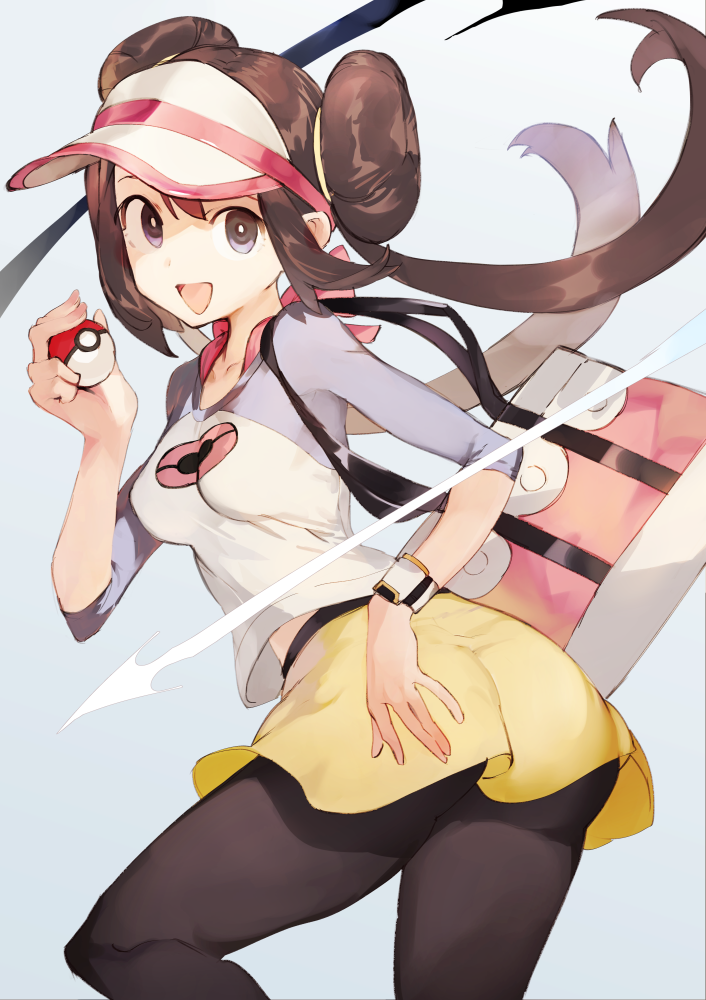 1girl ass brown_eyes brown_hair creatures_(company) double_bun game_freak looking_at_viewer mei_(pokemon) nintendo open_mouth pantyhose poke_ball pokemon pokemon_(game) pokemon_bw2 raglan_sleeves simple_background skirt solo toridamono twintails violet_eyes visor_cap watch watch white_background