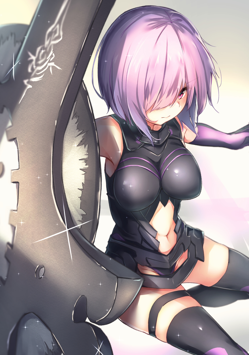 1girl armor armored_dress bare_shoulders beige_background black_dress black_legwear borushichi breasts commentary_request dress elbow_gloves eyebrows_visible_through_hair fate/grand_order fate_(series) feet_out_of_frame gloves gradient gradient_background groin hair_over_one_eye highres large_breasts mash_kyrielight navel pink_eyes pink_hair shield shiny shiny_clothes short_dress short_hair sleeveless sleeveless_dress solo sparkle stomach thigh-highs thigh_strap thighs white_background