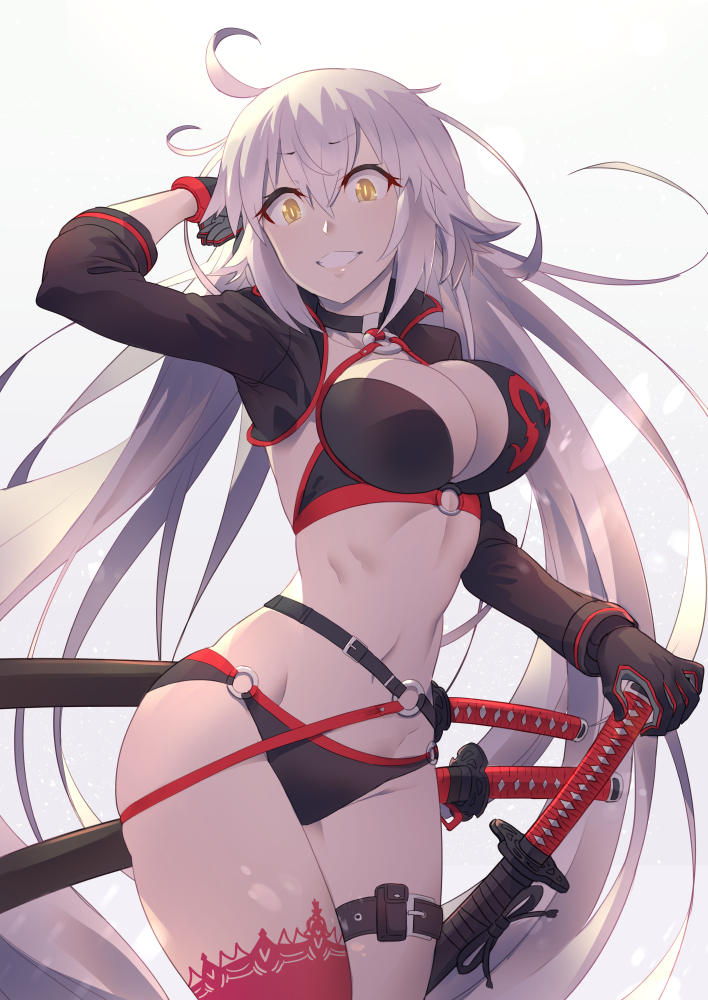 1girl ahoge bikini black_bikini black_jacket blush breasts choker cleavage collarbone commentary_request cowboy_shot eyebrows_visible_through_hair fate/grand_order fate_(series) jacket jeanne_d'arc_(alter)_(fate) jeanne_d'arc_(alter_swimsuit_berserker) jeanne_d'arc_(fate)_(all) large_breasts lips long_hair looking_at_viewer o-ring pink_lips slit_pupils smile solo swimsuit thighs tomoyohi very_long_hair yellow_eyes