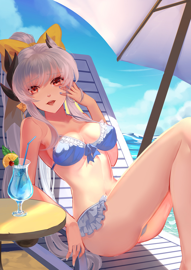 1girl beach_chair beach_umbrella bikini blue_bikini bow breasts douyougen eyebrows_visible_through_hair fate/grand_order fate_(series) flower frilled_bikini frills grey_hair hair_between_eyes hair_bow horns kiyohime_(fate/grand_order) kiyohime_(swimsuit_lancer)_(fate) long_hair looking_at_viewer medium_breasts navel ponytail red_eyes sitting smile solo swimsuit umbrella very_long_hair yellow_bow