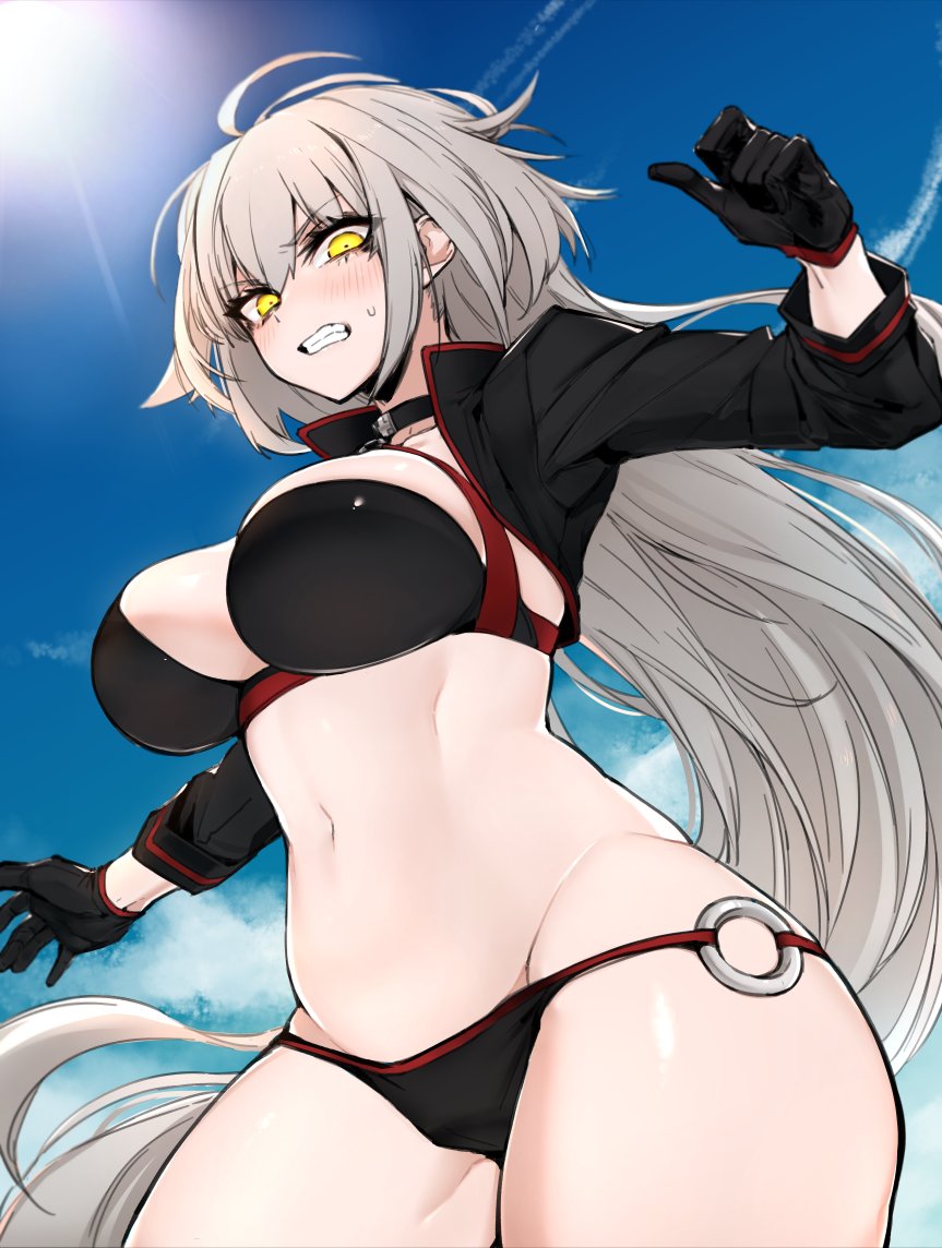 1girl ahoge bikini black_bikini black_jacket blush breasts choker cleavage clenched_teeth clouds cloudy_sky collarbone commentary_request cowboy_shot cropped_jacket eyebrows_visible_through_hair eyelashes fate/grand_order fate_(series) from_below hair_between_eyes j.k. jacket jeanne_d'arc_(alter_swimsuit_berserker) jeanne_d'arc_(fate)_(all) large_breasts long_hair looking_at_viewer o-ring skindentation sky solo swimsuit teeth thighs yellow_eyes