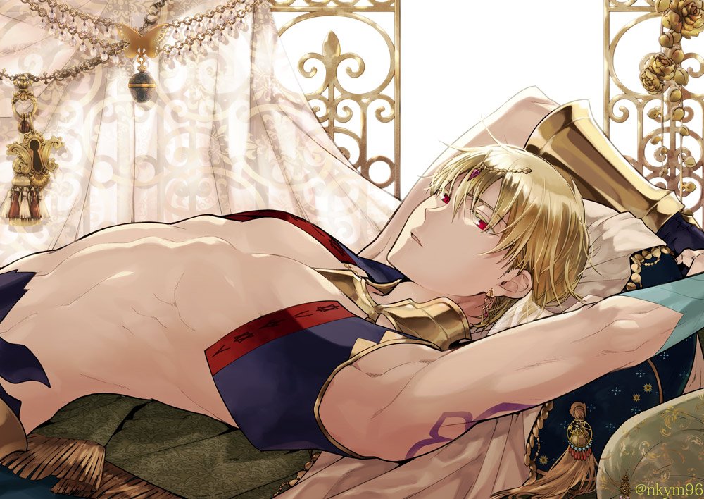 1boy arabian_clothes blonde_hair cropped_vest earrings fate/grand_order fate_(series) gilgamesh gilgamesh_(caster)_(fate) jewelry looking_at_viewer lying male_focus on_back open_clothes open_vest red_eyes shirtless short_hair side_slit vest