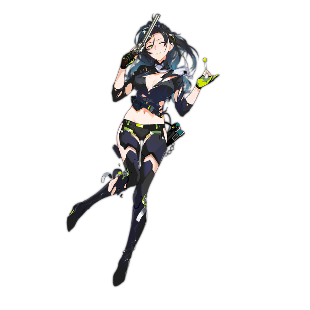 1girl artist_request black_hair body_armor boots breasts candy cleavage colt_python colt_python_(girls_frontline) damaged fingerless_gloves food formal girls_frontline gloves green_eyes gun handgun high_heel_boots high_heels holster lollipop official_art one_eye_closed revolver smile solo suit torn_clothes weapon