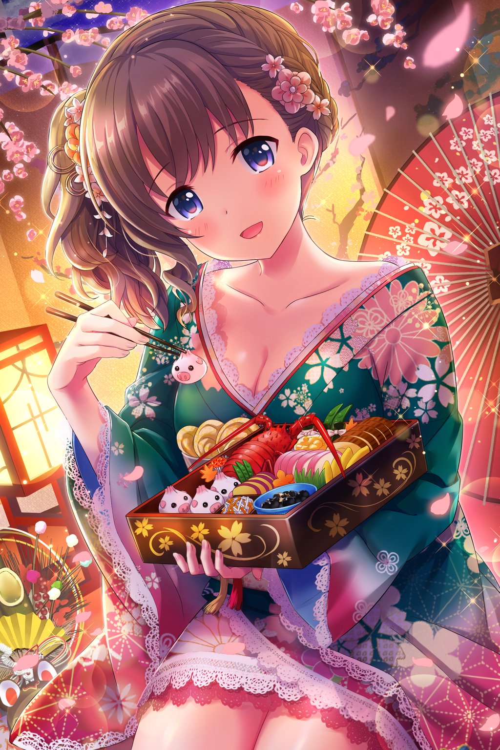 1girl alternative_girls arimura_shion bangs blue_eyes blush braid breasts cherry_blossoms chopsticks cleavage collarbone eating fingernails floral_print flower food french_braid frilled_kimono frilled_sleeves frills gradient_kimono green_kimono hair_flower hair_ornament highres holding holding_chopsticks holding_food indoors japanese_clothes kimono light_brown_hair long_sleeves looking_at_viewer medium_breasts official_art open_mouth pink_kimono pink_petals print_kimono red_umbrella seiza short_kimono side_ponytail sitting smile wagashi wavy_hair wide_sleeves