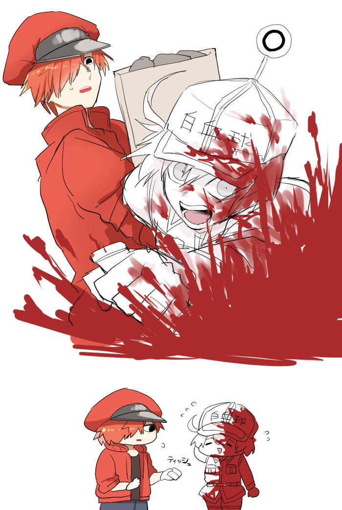 1boy 1girl ae-3803 ahoge black_eyes blood bloody_clothes cabbie_hat flying_sweatdrops gloves grey_eyes hair_over_one_eye hat hataraku_saibou jacket looking_at_another package red_blood_cell_(hataraku_saibou) red_gloves red_jacket redhead role_reversal smile u-1146 uniform white_blood_cell_(hataraku_saibou) white_hair