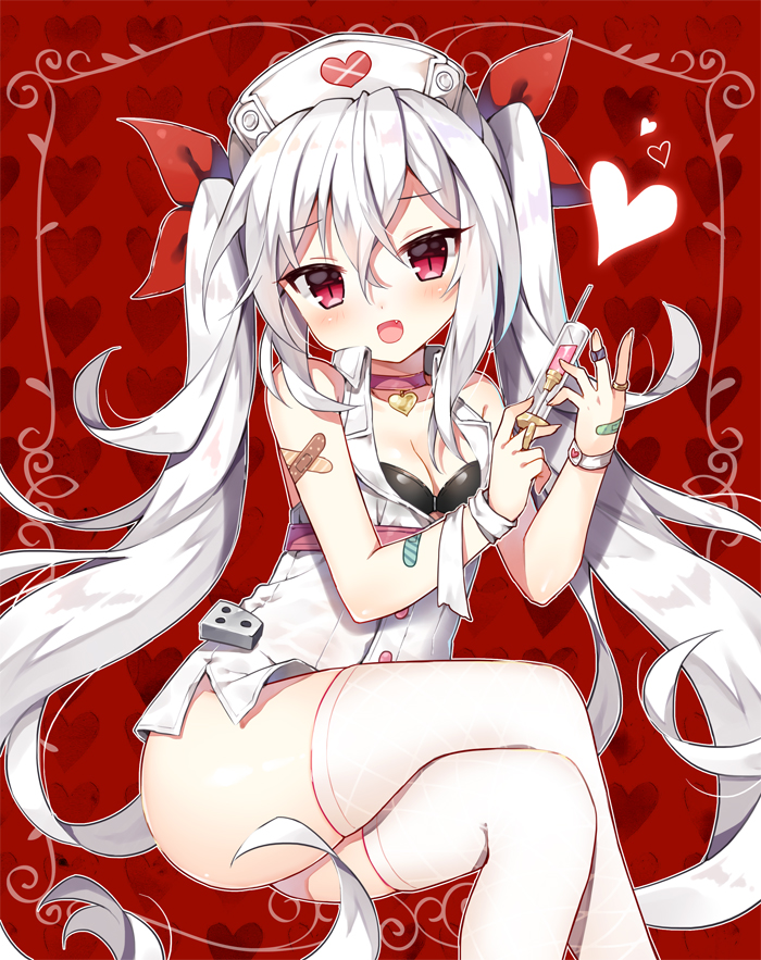1girl :d azur_lane bandaid_on_arm bandaid_on_hand bangs bare_shoulders bikini_top black_bikini_top blush breasts cleavage commentary_request crossed_bandaids dress eyebrows_visible_through_hair fang hair_between_eyes hair_ribbon hat head_tilt heart heart_background holding holding_syringe legs_crossed long_hair looking_at_viewer mauve nurse_cap open_mouth red_background red_eyes red_ribbon ribbon silver_hair sleeveless sleeveless_dress small_breasts smile solo syringe thigh-highs twintails vampire_(azur_lane) very_long_hair white_dress white_hat white_legwear