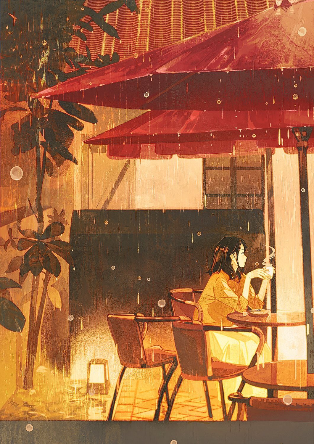 1girl bangs brown_eyes brown_hair closed_mouth commentary_request cup dress gemi highres holding holding_cup jacket long_hair original outdoors patio_chair patio_umbrella plant rain sidelocks swept_bangs table water_drop