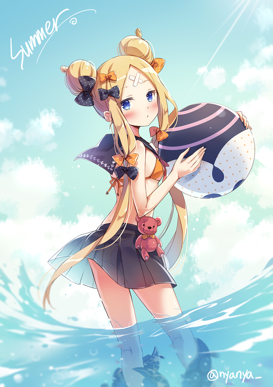 1girl abigail_williams_(fate/grand_order) ball bangs beachball bikini black_bow black_sailor_collar black_skirt blonde_hair blue_eyes blue_sky blush bow breasts closed_mouth clouds cloudy_sky commentary_request day double_bun english eyebrows_visible_through_hair fate/grand_order fate_(series) fingernails hair_bow head_tilt highres holding holding_ball long_hair looking_at_viewer looking_to_the_side nyanya ocean orange_bikini orange_bow outdoors parted_bangs partially_underwater_shot pleated_skirt polka_dot polka_dot_bow sailor_collar see-through side_bun skirt sky small_breasts solo standing stuffed_animal stuffed_toy suction_cups swimsuit teddy_bear tentacle twintails twitter_username very_long_hair wading water