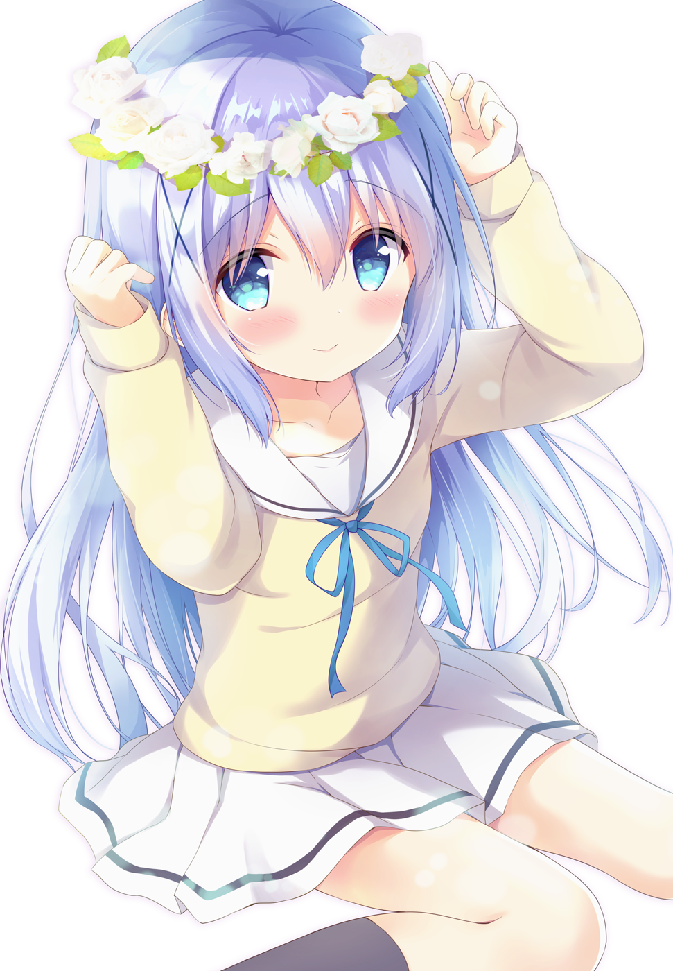 1girl amedamacon arms_up bangs beige_shirt black_legwear blue_eyes blue_hair blue_ribbon blush closed_mouth collarbone commentary_request eyebrows_visible_through_hair flower gochuumon_wa_usagi_desu_ka? hair_between_eyes hair_flower hair_ornament highres kafuu_chino kneehighs long_hair long_sleeves looking_at_viewer neck_ribbon pleated_skirt ribbon sailor_collar shirt sitting skirt sleeves_past_wrists smile solo very_long_hair white_background white_flower white_sailor_collar white_skirt