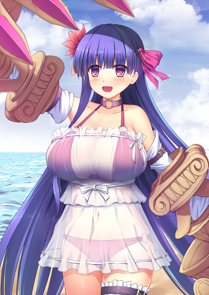 1girl :d arm_up bangs bare_shoulders bikini blue_sky blush bow breasts choker claws cleavage clouds cloudy_sky collarbone day detached_sleeves dress eyebrows_visible_through_hair fate/extra fate/extra_ccc fate_(series) flower hair_bow hair_flower hair_ornament horizon huge_breasts long_hair navel o-ring o-ring_bikini o-ring_top ocean open_mouth outdoors passion_lip pink_bow purple_choker purple_hair red_bikini red_flower see-through side-tie_bikini sky smile solo srwsrx_(gp03dsrx) strapless strapless_dress swimsuit very_long_hair violet_eyes water