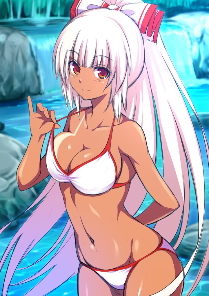 1girl arm_behind_back bangs bare_arms bare_shoulders bikini blunt_bangs blurry blurry_background bow breasts cleavage collarbone commentary_request cowboy_shot eyebrows_visible_through_hair fujiwara_no_mokou groin hair_bow hand_up hijikawa_arashi large_breasts long_hair long_ponytail looking_at_viewer navel pinky_out red_eyes rock shiny shiny_skin sidelocks silver_hair sketch smile solo standing stomach strap_pull swimsuit tan tanline thighs touhou very_long_hair water waterfall white_bikini white_bow
