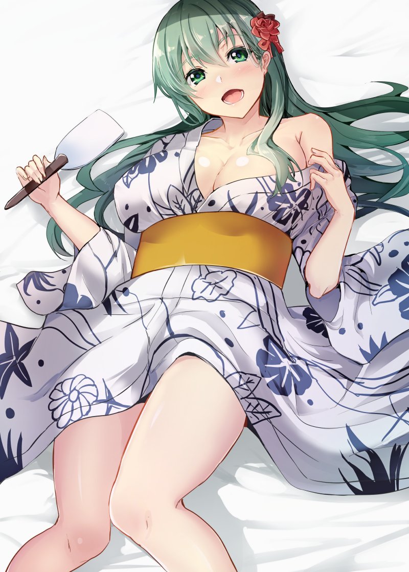 1girl aqua_hair blush breasts cleavage collarbone floral_print flower gin'ichi_(akacia) green_eyes hair_between_eyes hair_flower hair_ornament japanese_clothes kantai_collection kimono large_breasts long_hair looking_at_viewer lying obi off_shoulder on_back open_mouth sash sidelocks solo suzuya_(kantai_collection) white_kimono wide_sleeves yellow_sash