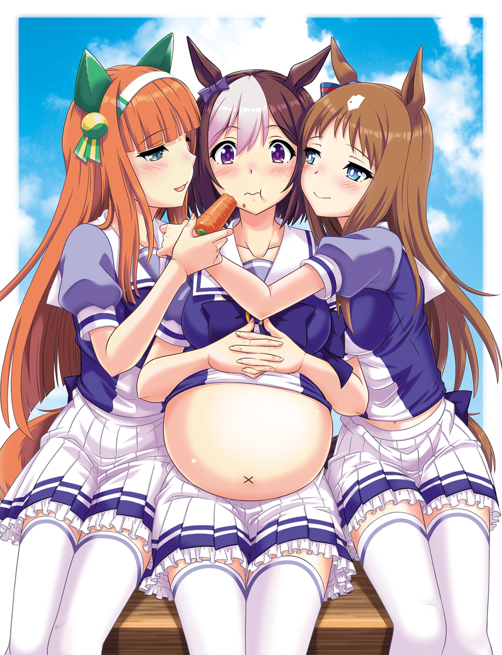 3girls :t animal_ears aqua_eyes bangs big_belly blue_eyes blunt_bangs blush border breasts brown_hair carrot closed_mouth clouds collarbone ear_covers eyebrows_visible_through_hair feeding food food_on_face girl_sandwich grass_wonder hair_between_eyes hairband hand_on_another's_shoulder highres holding holding_food horse_ears horse_tail large_breasts lavender_hair long_hair looking_at_another looking_at_viewer midriff multicolored_hair multiple_girls orange_hair outside_border own_hands_together parted_lips pleated_skirt puffy_short_sleeves puffy_sleeves sailor_collar sandwiched short_sleeves silence_suzuka sitting skirt sky special_week tail thigh-highs two-tone_hair umajiri_gyuunyuu umamusume very_long_hair violet_eyes white_hair white_legwear white_skirt yuri