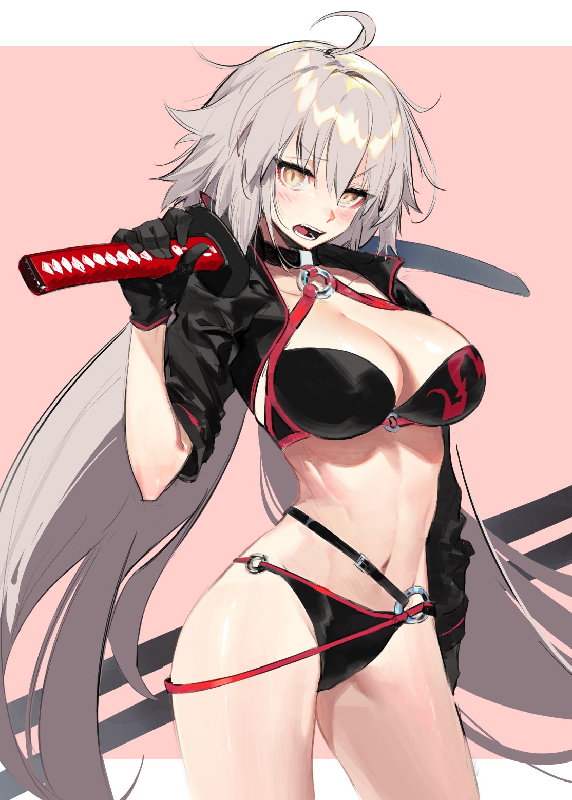 1girl bikini black_bikini black_gloves black_jacket blush choker gloves grey_hair highres holding holding_sword holding_weapon jacket jeanne_d'arc_(alter_swimsuit_berserker) katana kodama_(wa-ka-me) long_hair looking_at_viewer open_mouth over_shoulder short_sleeves solo swimsuit sword sword_over_shoulder two-tone_background very_long_hair weapon weapon_over_shoulder yellow_eyes