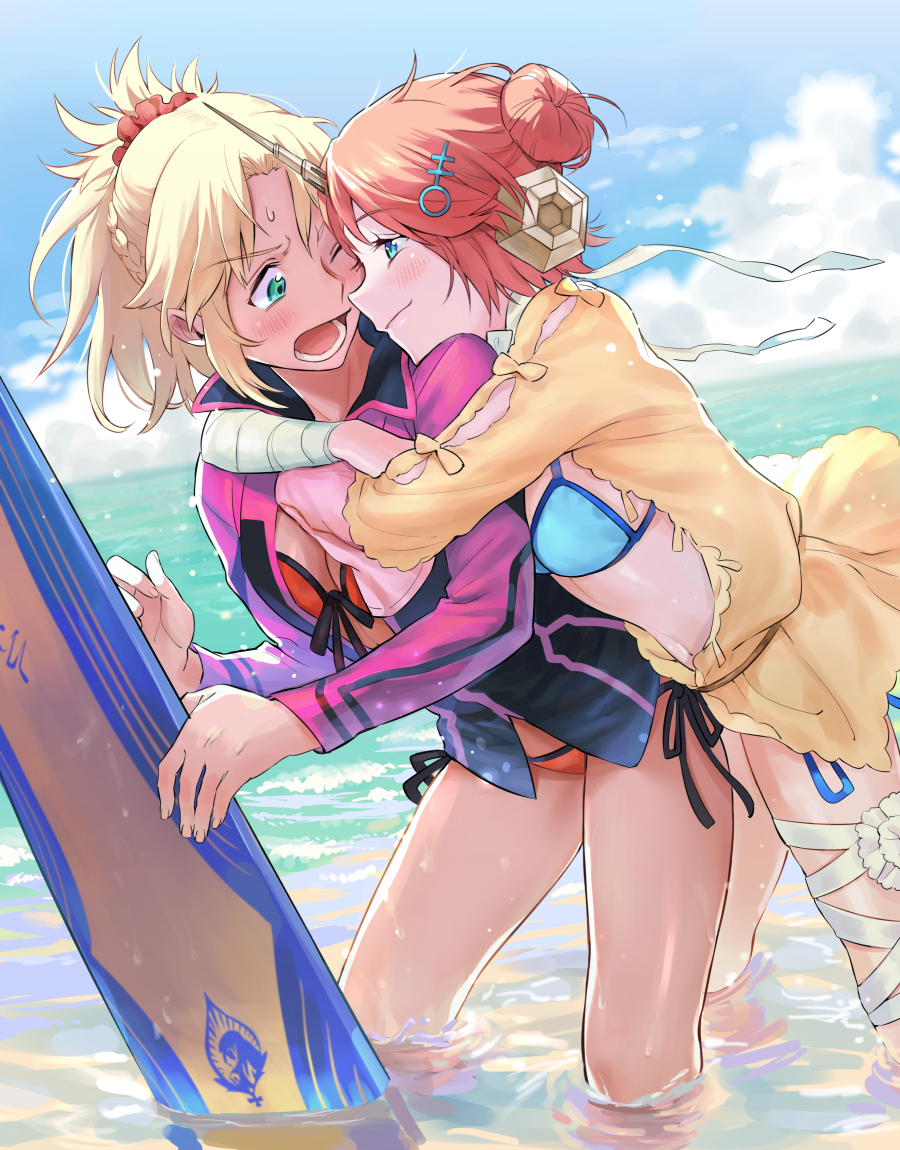 2girls bandage bandaged_arm bandages beach bikini bikini_under_clothes blonde_hair blue_bikini blue_eyes blue_sky blush braid dashi_(minzoku_gb) fate/grand_order fate_(series) frankenstein's_monster_(fate) frankenstein's_monster_(swimsuit_saber)_(fate) front-tie_bikini front-tie_top hair_bun hair_ornament hairclip horn hug jacket looking_at_another mordred_(fate)_(all) mordred_(swimsuit_rider)_(fate) multiple_girls ocean one_eye_closed open_mouth partially_submerged pink_hair red_bikini short_ponytail side-tie_bikini sky smile surfboard sweatdrop swimsuit water