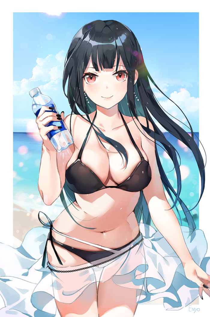 1girl bare_arms bare_shoulders bikini black_bikini black_hair black_nails blue_sky blush bottle breasts cleavage closed_mouth collarbone commentary day earrings holding holding_bottle jewelry large_breasts lens_flare long_hair nail_polish navel ocean original outdoors red_eyes shiny shiny_hair skirt sky smile solo straight_hair swimsuit thigh_gap thighs very_long_hair water_bottle white_skirt yumaomi