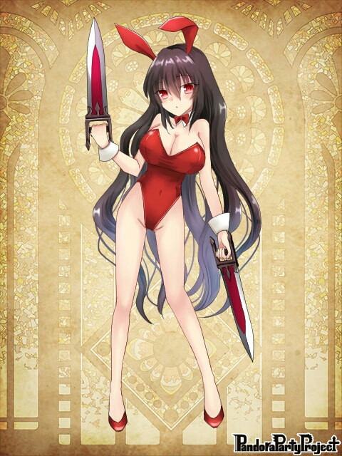 1girl animal_ears black_hair bow bowtie breasts bunny_girl bunny_tail bunnysuit cleavage covered_navel detached_collar full_body large_breasts leotard long_hair looking_at_viewer original rabbit_ears red_eyes red_leotard red_neckwear solo strapless strapless_leotard sword tail weapon wrist_cuffs yuyuyu_pbw