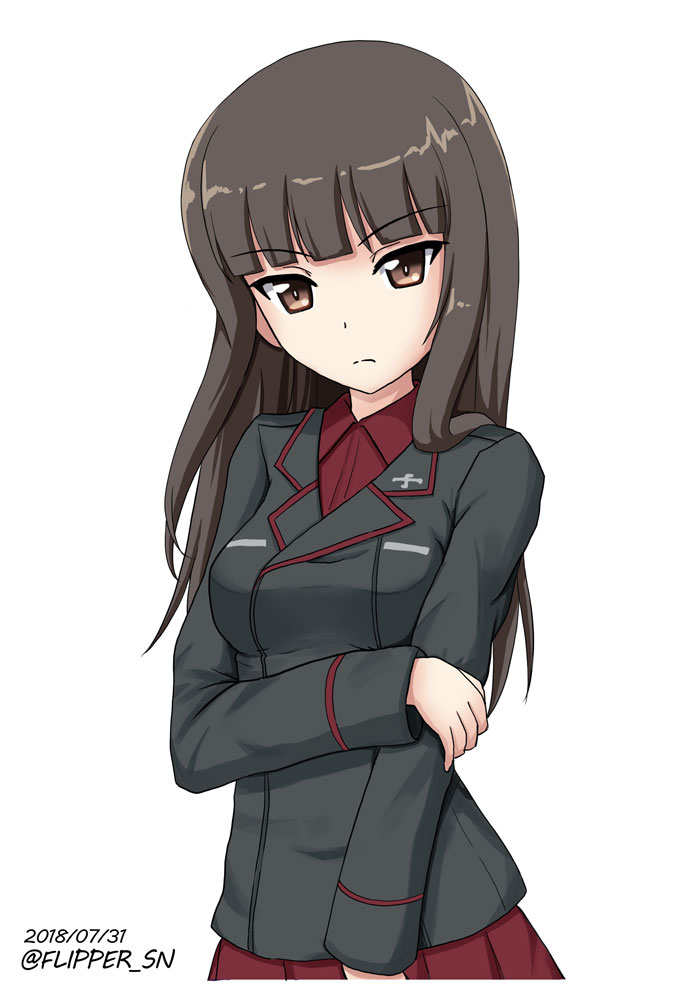 1girl arm_grab bangs black_jacket blunt_bangs brown_eyes brown_hair closed_mouth commentary dress_shirt flipper frown girls_und_panzer jacket kuromorimine_military_uniform long_hair long_sleeves looking_at_viewer military military_uniform nishizumi_shiho pleated_skirt red_shirt red_skirt shirt simple_background skirt solo standing straight_hair twitter_username uniform upper_body white_background younger