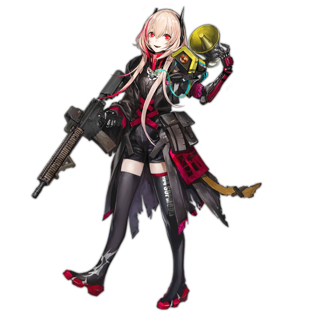 1girl acog artist_request digi-mind_update_(girls_frontline) dinergate_(girls_frontline) girls_frontline long_jacket m4_sopmod_ii m4_sopmod_ii_(girls_frontline) mechanical_arm official_art pink_hair red_eyes ro635_(girls_frontline) smile speaker spoilers thigh-highs