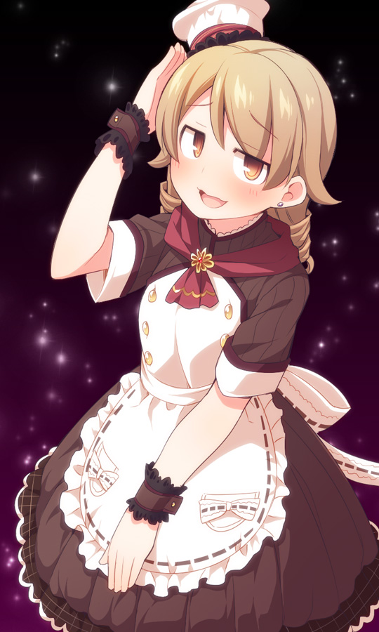 1girl :d apron arm_up bangs blush brown_dress brown_eyes chef_hat commentary_request dress earrings eyebrows_visible_through_hair frilled_apron frills hat idolmaster idolmaster_cinderella_girls jewelry light_brown_hair long_hair looking_at_viewer mini_hat morikubo_nono open_mouth pleated_dress ringlets short_sleeves smile solo sparkle ushi white_apron wrist_cuffs