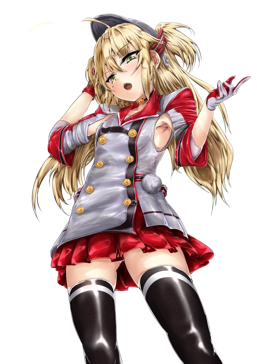 1girl admiral_hipper_(azur_lane) ahoge armpit_cutout armpits ass_visible_through_thighs azur_lane bangs black_legwear blonde_hair blush breasts choker collarbone cowboy_shot double-breasted drawing_nk eyebrows_visible_through_hair fang gloves green_eyes hair_between_eyes hand_in_hair hand_up hat headgear highres iron_cross jacket long_hair looking_at_viewer mole open_mouth panties pleated_skirt red_skirt simple_background skindentation skirt smile solo thigh-highs two_side_up underwear white_background white_panties