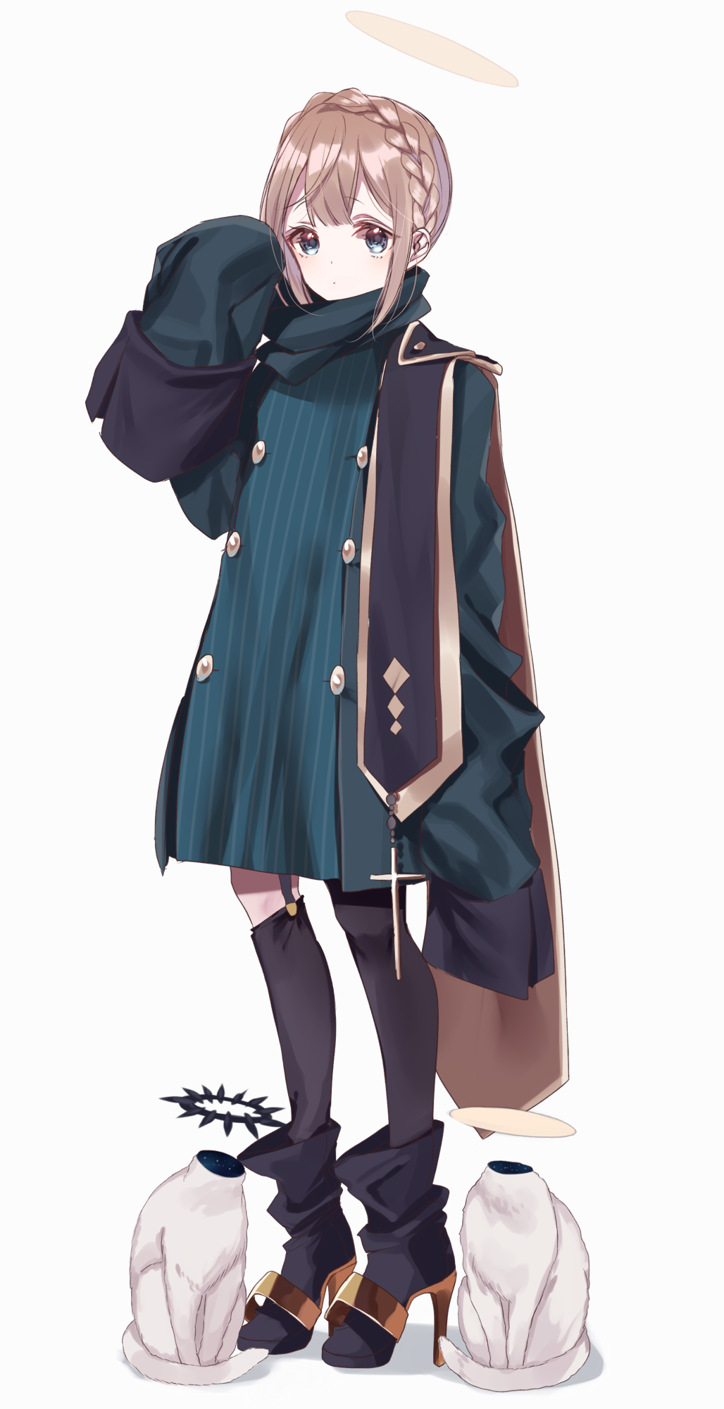 1girl black_footwear black_legwear braid brown_hair coat copyright_request full_body green_coat grey_eyes halo high_heels highres long_sleeves looking_at_viewer misumi_(macaroni) short_hair sleeves_past_fingers sleeves_past_wrists solo standing thigh-highs