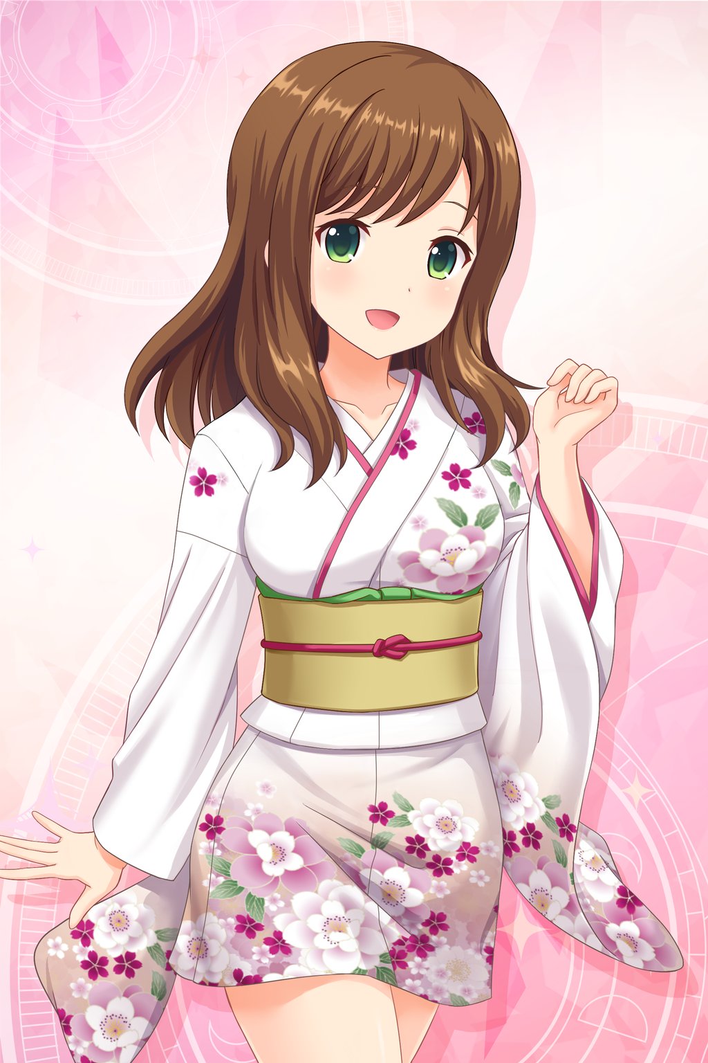 1girl alternative_girls bangs blush breasts cowboy_shot floral_print green_eyes highres hirose_koharu japanese_clothes kimono large_breasts long_hair long_sleeves looking_at_viewer official_art open_mouth pink_background print_kimono short_kimono smile standing white_kimono wide_sleeves