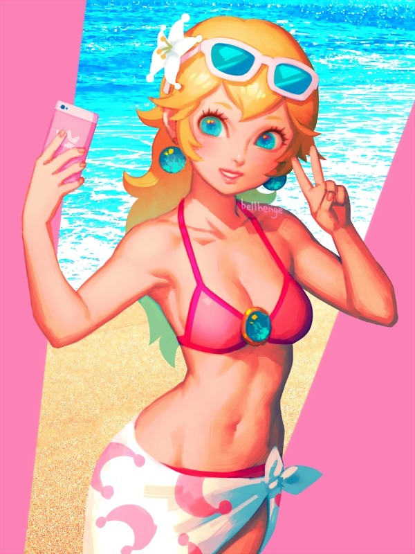 1girl artist_name beach bellhenge bikini blonde_hair blue_eyes breasts brooch cellphone cleavage collarbone earrings eyelashes eyewear_on_head image_sample jewelry long_hair super_mario_bros. medium_breasts nail_polish navel nintendo pearl_earrings phone pink_bikini princess_peach sarong self_shot smartphone smile solo sunglasses super_mario_bros. super_mario_odyssey swimsuit tumblr_sample v water