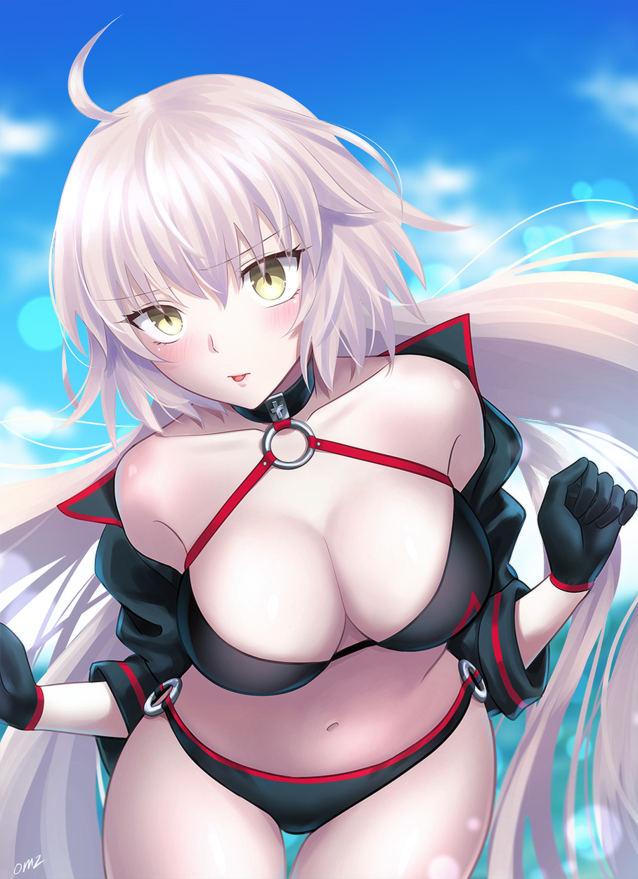 1girl ahoge artist_name bangs bare_shoulders bikini black_bikini black_jacket blue_sky blush breasts cleavage collar cowboy_shot eyebrows_visible_through_hair fate/grand_order fate_(series) gloves hair_between_eyes highres jacket jeanne_d'arc_(alter)_(fate) jeanne_d'arc_(fate)_(all) light_particles long_hair long_sleeves looking_at_viewer navel neck ocean signature sky solo standing stomach sushimaro swimsuit thighs tongue tongue_out white_hair yellow_eyes