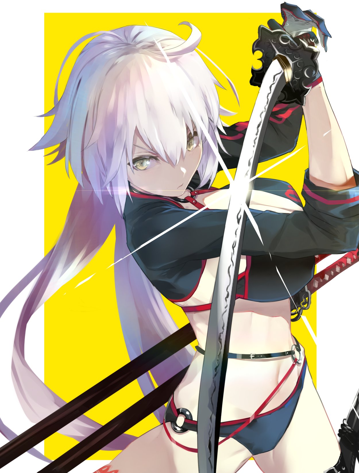 1girl ahoge bangs bikini black_bikini black_jacket border breasts cleavage closed_mouth cropped_jacket fate/grand_order fate_(series) gleam gloves hair_between_eyes highres hips jacket jeanne_d'arc_(alter_swimsuit_berserker) jeanne_d'arc_(fate)_(all) katana kumonji_aruto large_breasts long_hair navel o-ring sheath simple_background solo swimsuit sword very_long_hair waist weapon white_border yellow_background yellow_eyes