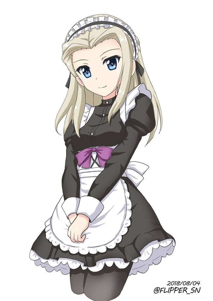 1girl alternate_costume apron black_dress blonde_hair blue_eyes clara_(girls_und_panzer) closed_mouth cowboy_shot cropped_legs dated dress enmaided flipper frilled_apron frilled_dress frills girls_und_panzer juliet_sleeves long_hair long_sleeves looking_at_viewer maid maid_headdress medium_dress puffy_sleeves simple_background smile solo standing twitter_username waist_apron white_apron white_background