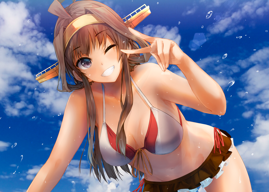 1girl ahoge alternate_costume bangs bare_shoulders bikini bikini_skirt blue_sky blush breasts brown_hair cleavage clouds collarbone day double_bun eyebrows_visible_through_hair hairband headgear hip_vent hips kantai_collection kongou_(kantai_collection) konkito leaning_forward long_hair looking_at_viewer navel one_eye_closed outdoors remodel_(kantai_collection) side-tie_bikini sidelocks sky smile solo splashing stomach swimsuit thighs v violet_eyes water_drop wet