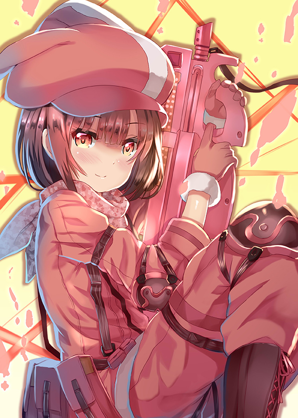1girl animal_hat arms_up bandanna bangs blush boots brown_footwear brown_hair bullpup bunny_hat closed_mouth commentary_request cross-laced_footwear eyebrows_visible_through_hair finger_on_trigger fur-trimmed_gloves fur_trim gloves gun hair_between_eyes hat holding holding_gun holding_weapon jacket lace-up_boots llenn_(sao) long_sleeves p-chan_(p-90) p90 pants pink_bandana pink_gloves pink_hat pink_jacket pink_pants red_eyes smile solo submachine_gun sword_art_online sword_art_online_alternative:_gun_gale_online weapon xephonia